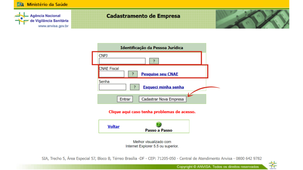 A imagem mostra a página de Cadastramento de Empresa, primeira etapa para a regularização de cosméticos.